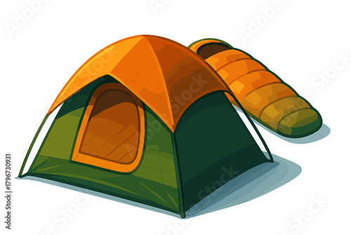 Green and orange dome tent with a rolled up sleeping bag for outdoor camping
