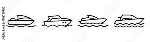 Collection of four distinct motorboat styles on water simple line art icons