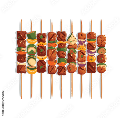 A row of grilled meat and vegetable shish kebabs on wooden skewers, isolated on a white background.