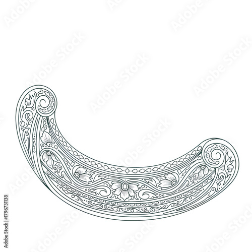 Detailed floral and scrollwork design in a crescent shape with intricate lines