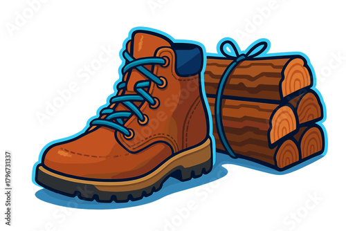Rugged hiking boot with bright blue laces next to a bundle of firewood logs for camping