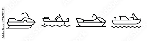 Collection of four simple line art boat icons depicting different watercrafts on wavy water