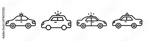 Four lined police cars with lights set various law enforcement vehicles icons