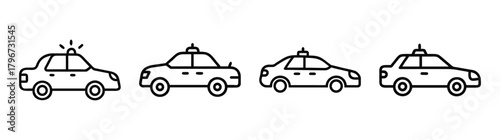 Four simple line art cars including police cars and taxis depicted side by side