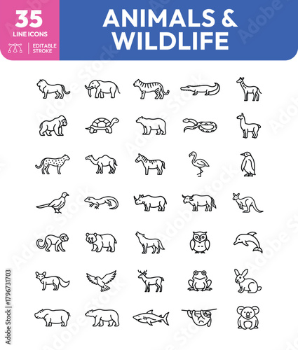 Collection of thirtyfive animal and wildlife line icons with editable stroke