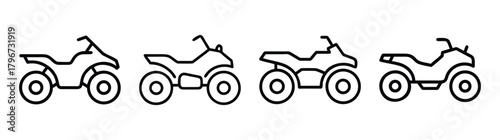 Set of four outlined quad bikes and atvs in a row for graphic design projects