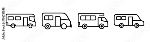 Set of four recreational vehicle icons showing diverse camper van designs