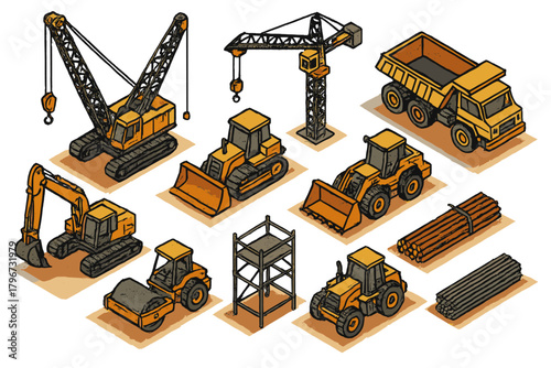 Isometric collection of heavy duty construction equipment and building site materials
