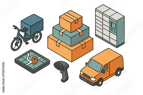 Isometric shipping and delivery set featuring van, bike, packages, and automated locker system