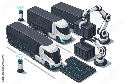 Automated supply chain management system with autonomous semi-trucks and robotic cargo arms