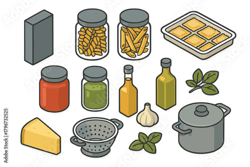 Isometric set of Italian food ingredients and kitchen tools for making pasta