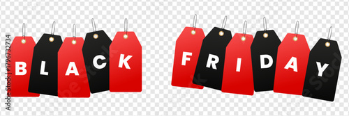 Black friday sale concept with red and black price tags spelling out the words black friday on a transparent background, perfect for seasonal promotions