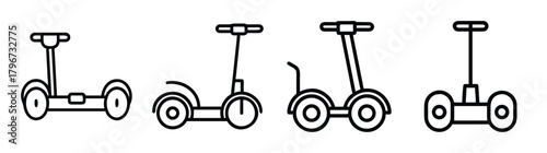 Set of four line art icons showcasing different types of personal electric scooters and segways