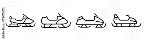 Collection of four simple line art snowmobiles side view outdoor winter recreation vehicles