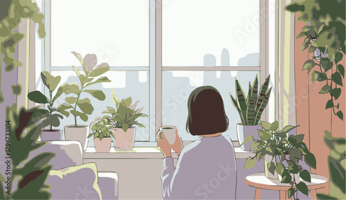 A tranquil vector illustration of a person relaxing with a warm drink by a bright window, surrounded by lush indoor plants in a cozy room