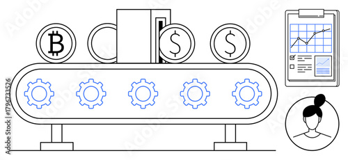 Coins with cryptocurrency and dollar symbols move on a conveyor belt with rotating gears, alongside a clipboard displaying growth metrics and a user profile icon. Ideal for finance, technology