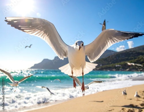 Seagulls in flight over a sunny beach and ocean