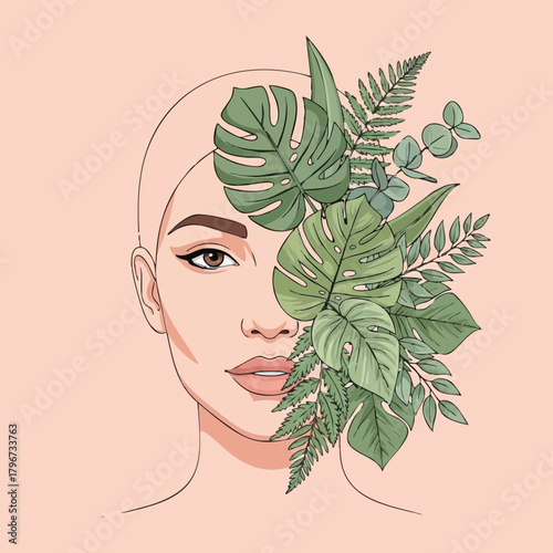 An elegant illustration showcases a woman's face partially obscured by lush green botanical elements, blending nature and beauty seamlessly.