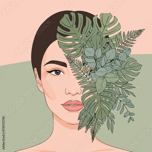 A woman's face is partially obscured by a vibrant arrangement of green tropical leaves, blending nature with beauty in a unique artistic composition.