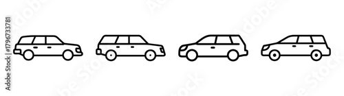 Four diverse station wagon cars lined up side by side simple line art