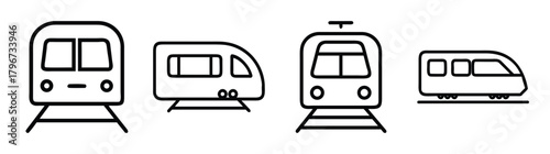 Set of stylized subway train icons various perspectives and designs for urban transport