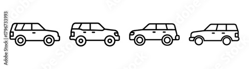 Four different suv and sport utility vehicle line art designs side profile simple outline style
