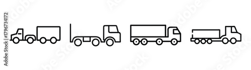 Set of four simple line art tractor trailer trucks conveying goods for delivery services