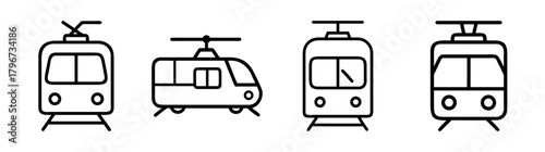 Collection of simple line art tram icons showing different views and styles