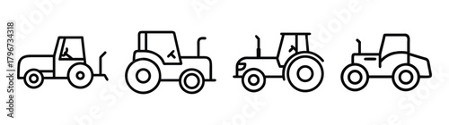 Set of simple line art tractors and farm vehicles for agricultural themed designs