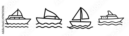 Collection of hand-drawn boats and yachts sailing on wavy seas simplified art