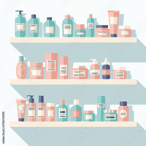 A flat illustration showcases various skincare and cosmetic products neatly arranged on shelves with a minimalist design and soft color palette.