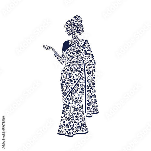 Floral patterned woman in saree silhouette with hand extended on white background