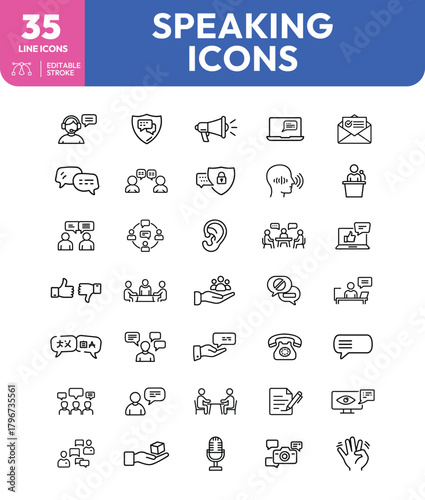 Collection of thirtyfive line icons representing diverse communication and speaking concepts