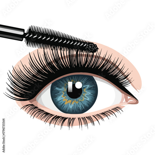 Illustration of a beautiful eye with long, dark eyelashes being coated with mascara for a glamorous makeup look, isolated on a white background.