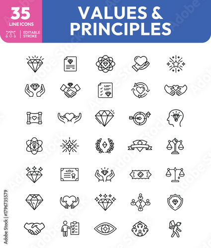 Collection of thirtyfive line icons representing values and principles