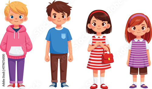 Set of cute cartoon children, happy boys and girls standing in a row, kid characters including boy in hoodie and girl with bag, vector illustration isolated.