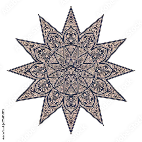 Detailed ten pointed star with intricate patterns and ornamental decorations design