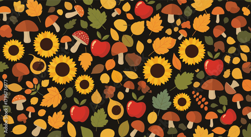 Autumn harvest pattern with sunflowers, apples, mushrooms, and colorful leaves.