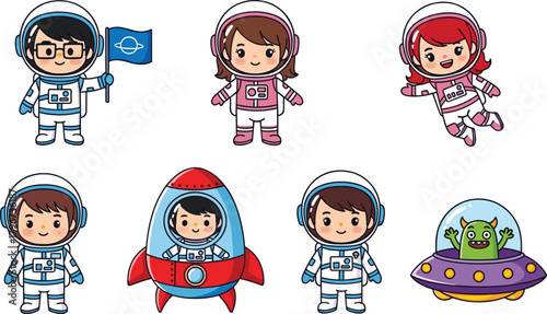 Set of cute cartoon astronaut kids, boys and girls in spacesuits, with rocket, flag, and alien in UFO, vector illustration collection.