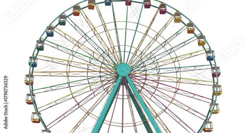 A colorful ferris wheel stands against a white background with many cabins and spokes.