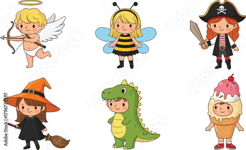 Set of cute cartoon children in costumes: Cupid, bee, pirate, witch, dinosaur, and ice cream cone, isolated on white background.