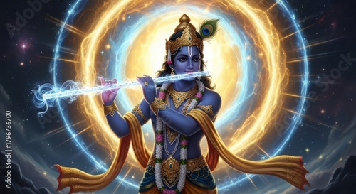 Lord krishna playing his divine flute with a glowing aura