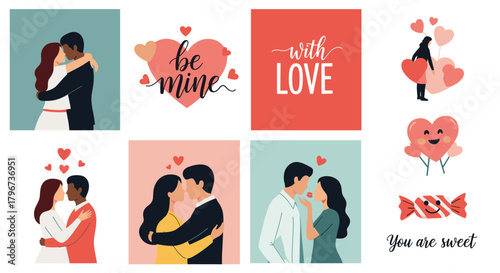 A collection of romantic Valentine's Day illustrations featuring couples, hearts, and sweet messages.