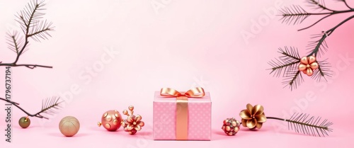 A small pink gift box sits center frame against a pastel pink background Holiday gift giving concept, packaging, minimal