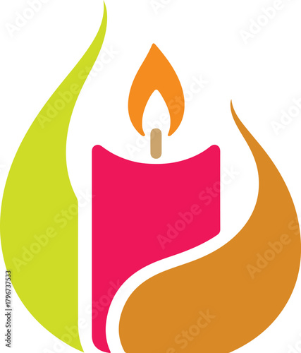 Vector illustration of a brightly burning pink candle surrounded by warm green and orange leaf shapes