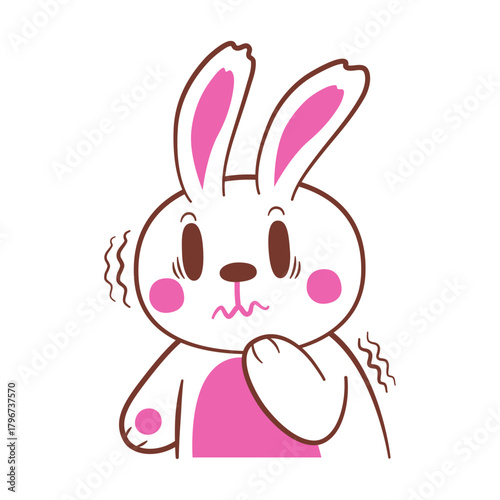 Cute cartoon rabbit shivering with fear, an adorable white and pink character trembling from anxiety