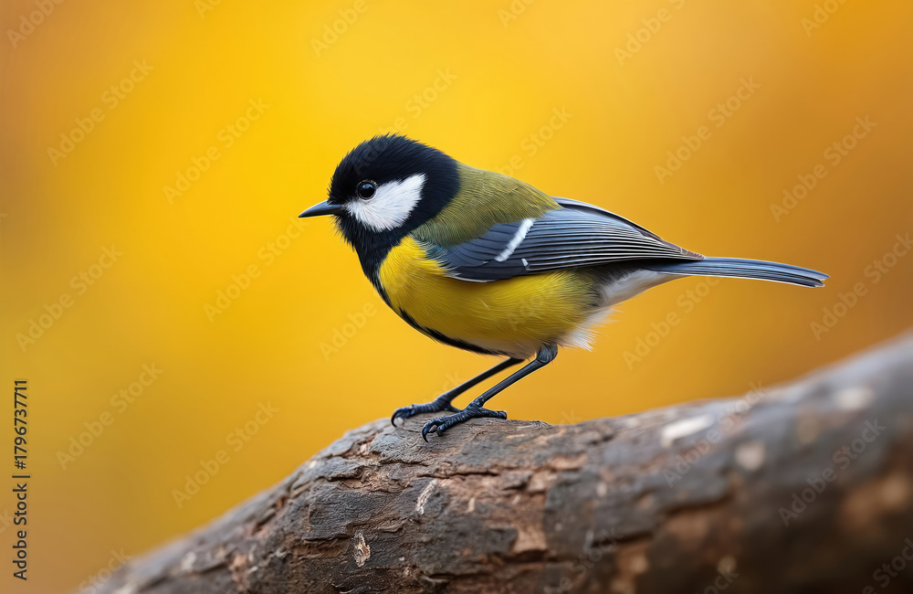 Naklejka premium Great tit bird perches on tree branch against vibrant yellow background. Small bird with colorful plumage and black head. Wildlife scene with bird standing on wood log.