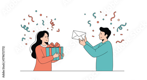A woman receives a gift while a man gives her an envelope, with confetti falling around them.