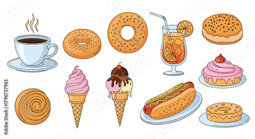 Assortment of sweet and savory treats including coffee, donuts, ice cream, and a hot dog.