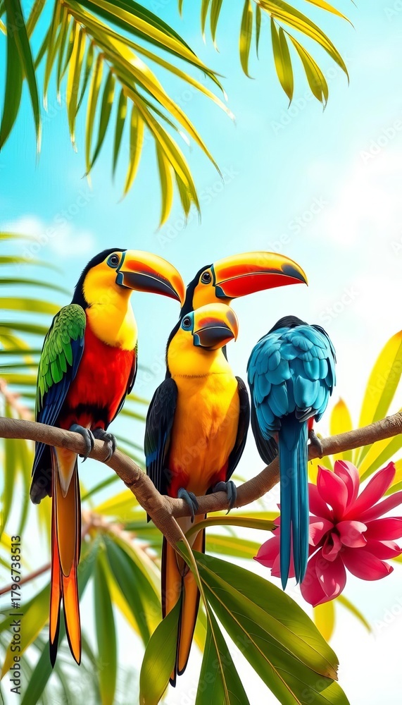 Fototapeta premium Colorful toucans and parrots perched on a leafy branch against a bright sky, evoking paradise, vibrant, freedom